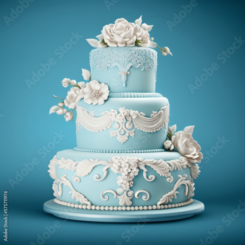 Big and sweet wedding cake on a blue background. Generative AI.