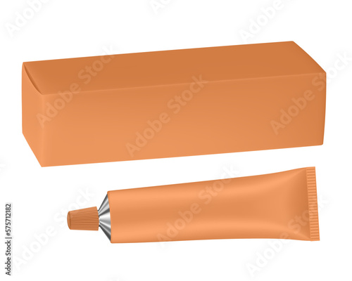 Set of light orange metal tube and box. Realistic mockup. Ointment or salve. Korean packaging. Blank cardboard package