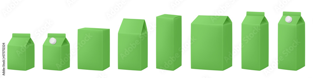 Fototapeta premium Green boxes for dairy products. Blank cardboard package boxes mockup. Box set. Set of juice or milk cardboard package. Vector mockup set. Realistic carton package with cap.