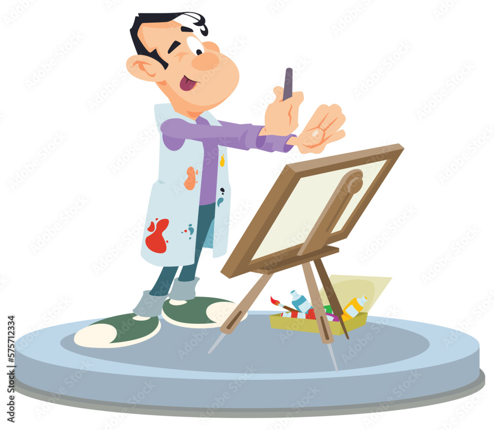 Funny artist with easel. Illustration for internet and mobile website.