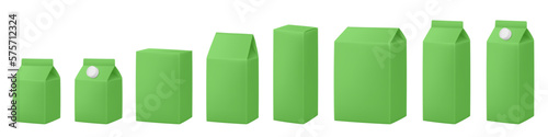 Green boxes for dairy products. Blank cardboard package boxes mockup. Box set. Set of juice or milk cardboard package. Vector mockup set. Realistic carton package with cap.