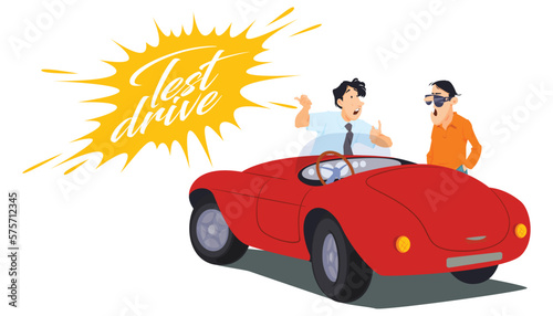 Sales manager invites man to test drive car. Illustration for internet and mobile website.