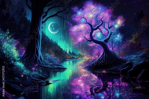 Fantasy of neon light forest glowing colorful like fairytale Created with Generative AI technology.