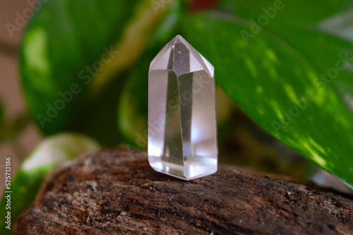 Crystal quartz on garden background