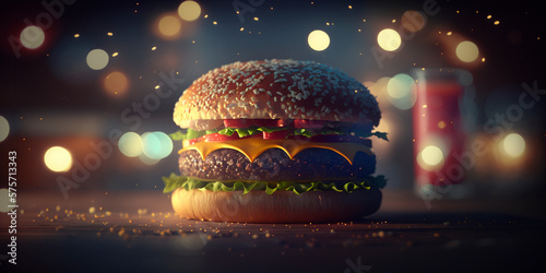 Juicy Hamburger with Bokeh Background, Delicious Fast Food Illustration