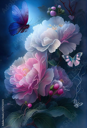 Generative AI: light, ethereal, magic and fragile flowers in blue background