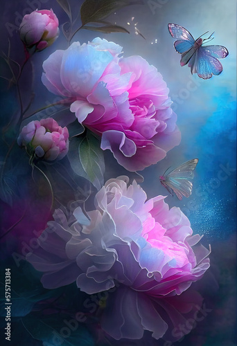 Generative AI: light, ethereal, magic and fragile flowers in blue background