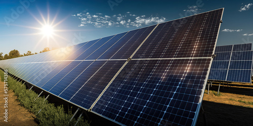 Solar panels. Solar park photovoltaic module - Generative AI photo