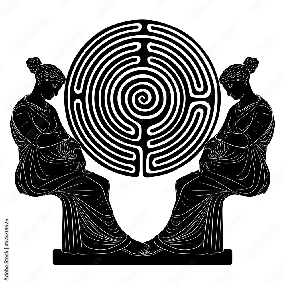 Two seated ancient Greek women or goddesses and a round spiral maze or labyrinth symbol. Creative feminist concept. Black nd white silhouette. - obrazy, fototapety, plakaty 