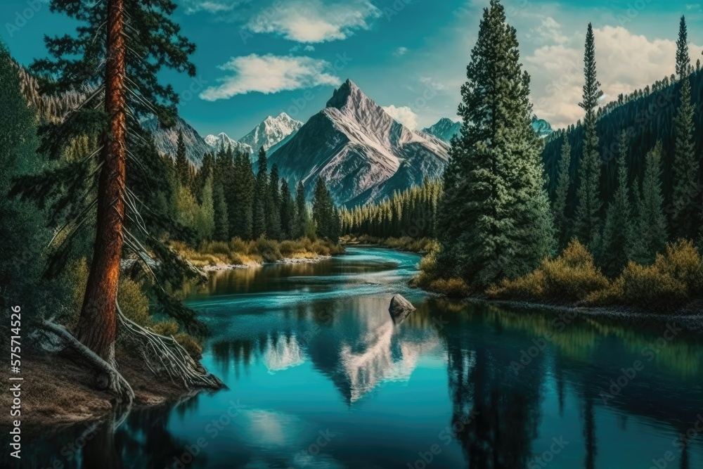 A forest river mirrors the surrounding mountain range. The water of a forest  river. Beautiful scenery of mountains, valleys, and rivers. Forested river.  Generative AI ilustração do Stock