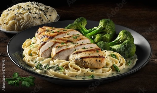  a plate of pasta with chicken, broccoli and noodles.  generative ai
