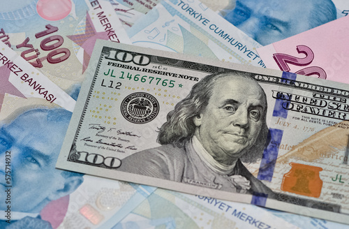 Turkish Lira and dollars. 100 Turkish Lira and 100 dollar
