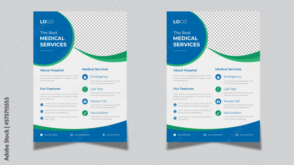 Modern medical healthcare flyer design brochure design for hospital or clinic promotion and marketing their services and products through banner. Doctors advertisement editable leaflet template