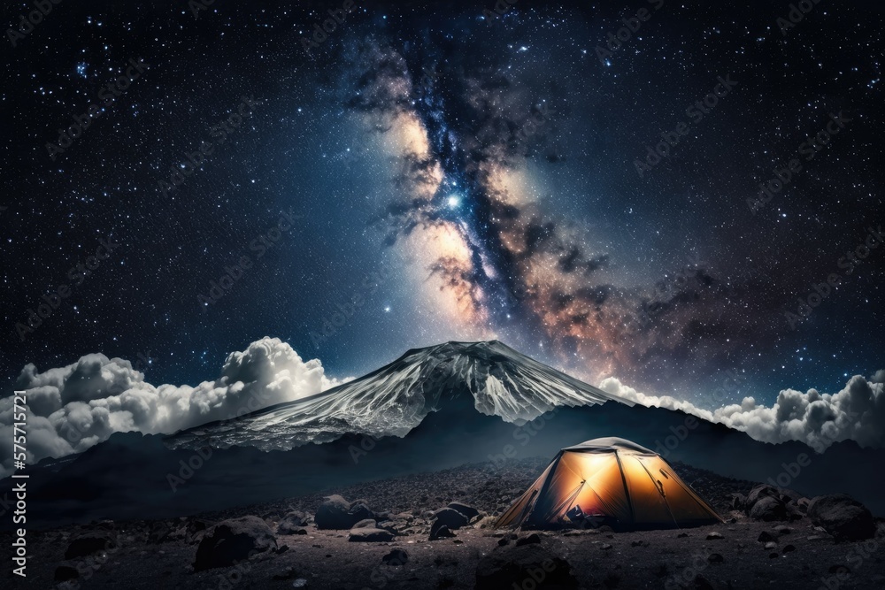 Milky Way shining brightly over Mount Kilimanjaro in Tanzania, where many campers have set up their shelters. The night sky of Africa is filled with millions of stars. Generative AI