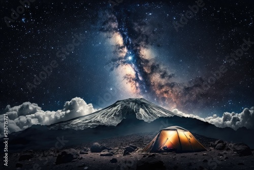 Milky Way shining brightly over Mount Kilimanjaro in Tanzania, where many campers have set up their shelters. The night sky of Africa is filled with millions of stars. Generative AI