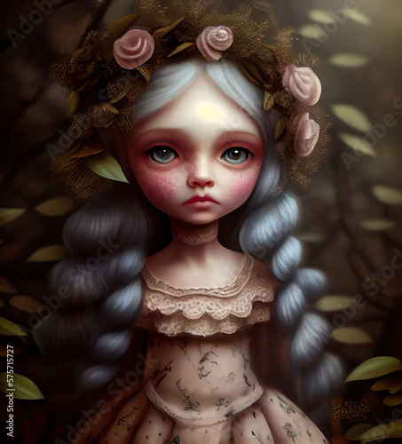 Generative AI:illustration of child with flowers in her hair a fantasy Character