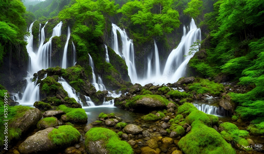 Beautiful lake with rocks, mountains in the background, green forest, paradisiacal image, Generated by AI Beautiful lake with rocks, mountains in the background, green forest, paradisiacal image, Generated by AI