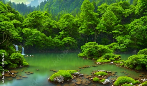 Beautiful lake with rocks  mountains in the background  green forest  paradisiacal image  Generated by AI