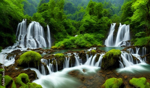 Beautiful lake with rocks  mountains in the background  green forest  paradisiacal image  Generated by AI