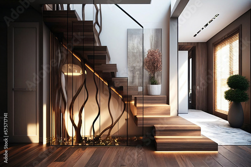 Leinwand Poster a contemporary interior design element featuring glass fencing and wooden stairs