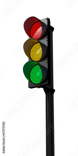 Traffic light with red, yellow and green colors on transparent background. Mocap or source. 3D visualization