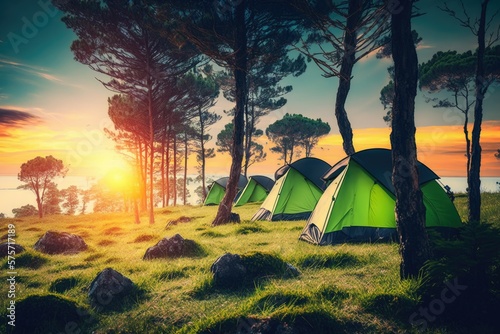 Tents in a scenic camping spot with tall trees and lush green grass at sunrise. Generative AI