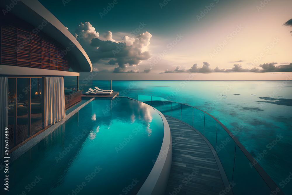Swimming pool in a hotel in the Maldives. Generative AI.