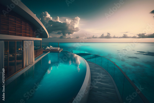 Papier peint Swimming pool in a hotel in the Maldives. Generative AI.