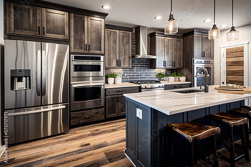 The kitchen in brand new luxury home features stainless steel appliances, hardwood floors, and a quartz waterfall island. Generative AI