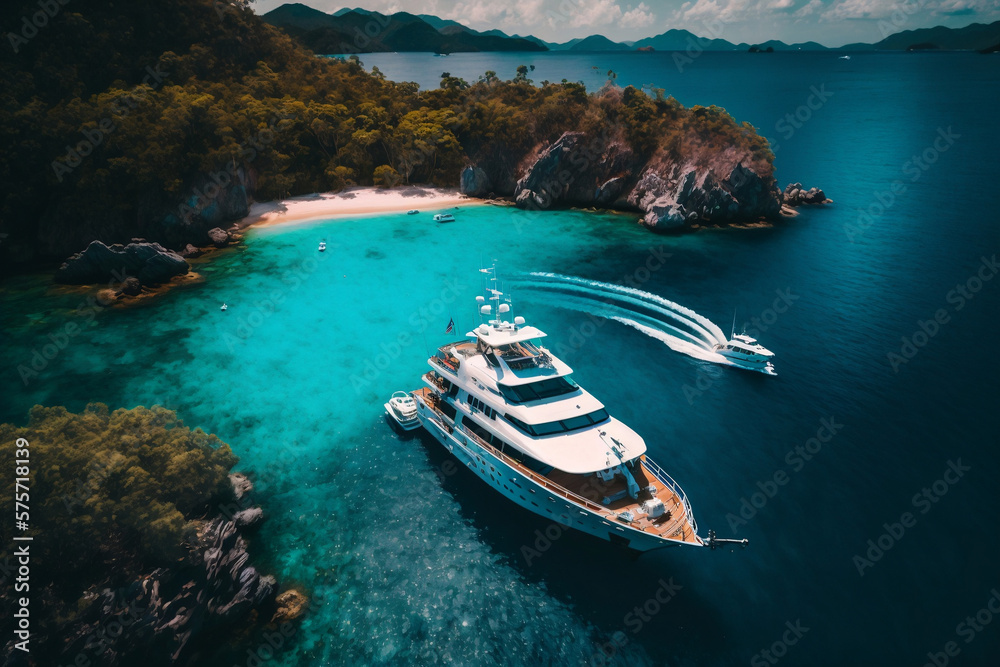 Large yacht boat with helicopter landing place captured in aerial drone photo in tropical exotic paradise bay with turquoise open sea - obrazy, fototapety, plakaty 