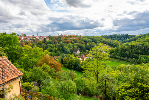 View of the hills and countryside surrounding the medieval walls of the Bavarian city of Rothenburg ob der Tauber  Germany  on Germany s Romantic Road. 