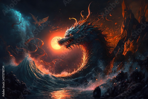 Watter dragon dominates the cosmic ocean of lava  oil paint  made with Generative AI