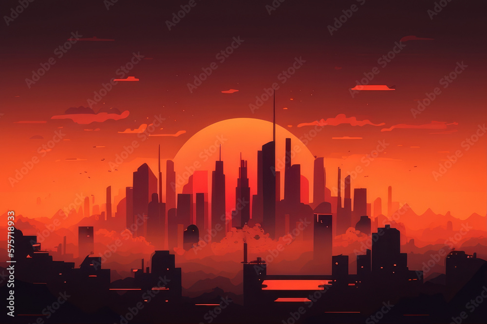 Polluted Skies: city skyline at sunset, with red-orange glow caused by air pollution and smog AI generation.