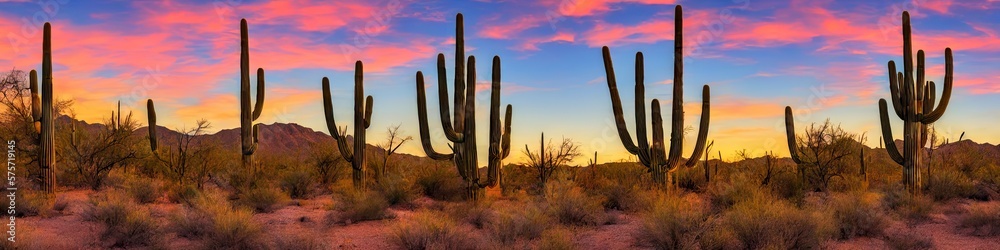 Saguaro desert landscape panoramic image during the daylight. no people--just untouched nature