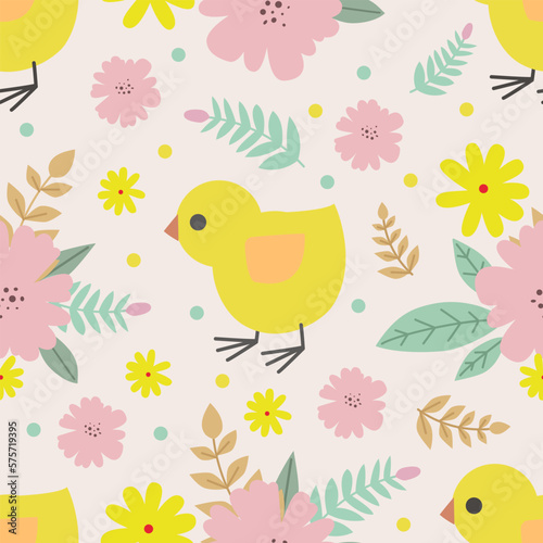 Cute seamless pattern with chickens  pink  yellow flowers and leaves. For fabric design  wallpapers  backgrounds  wrapping paper  scrapbooking  etc. Vector