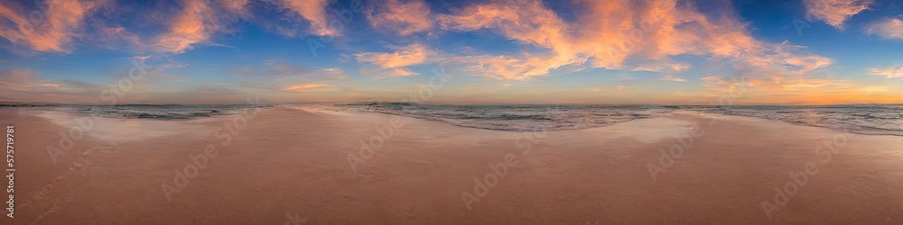 Sandy deserted beach with ocean waves on the shore. Skies and water meet on the horizon by generative AI Sandy deserted beach with ocean waves on the shore. Skies and water meet on the horizon by generative AI