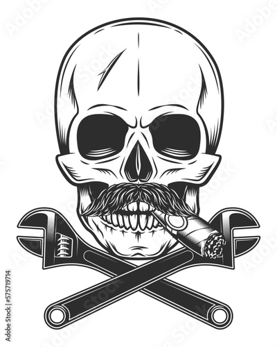 Skull with mustache smoking cigar or cigarette with construction wrench for gas and builder plumbing pipe or body shop mechanic spanner repair tool in monochrome style vintage vector illustration