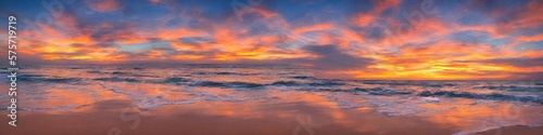 Sandy deserted beach with ocean waves on the shore. Skies and water meet on the horizon by generative AI