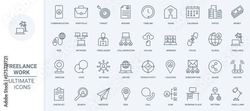 Freelance, work in home office thin line icons set vector illustration. Outline online communication and collaboration of freelancers with remote locations, productivity and portfolio of resume