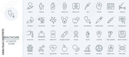 Healthcare, medicine thin line icons set vector illustration. Outline medical first aid, pills for cure and laboratory tests in hospital, diagnosis and dental care symbols for health mobile app