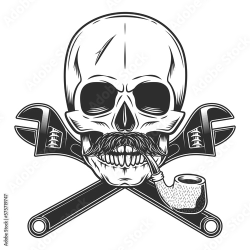 Mustache and beard skull smoking pipe with construction wrench for gas and builder plumbing pipe or body shop mechanic spanner repair tool in monochrome style vintage vector illustration