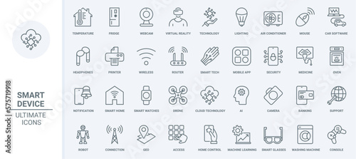 Smart home devices thin line icons set vector illustration. Outline virtual reality technology, autonomous lighting and automated software to control temperature of house, air conditioner and drone