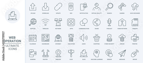 Web communication thin line icons set vector illustration. Outline online upload, download and update data and geo location in mobile apps, cyber security of wireless network, virtual reality games