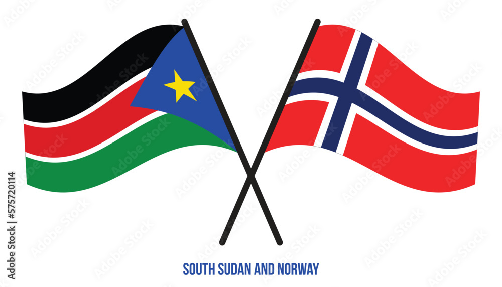 South Sudan and Norway Flags Crossed And Waving Flat Style. Official Proportion. Correct Colors.