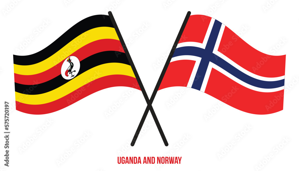 Uganda and Norway Flags Crossed And Waving Flat Style. Official Proportion. Correct Colors.
