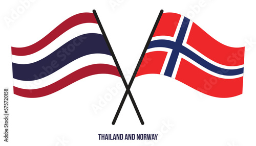 Thailand and Norway Flags Crossed And Waving Flat Style. Official Proportion. Correct Colors.