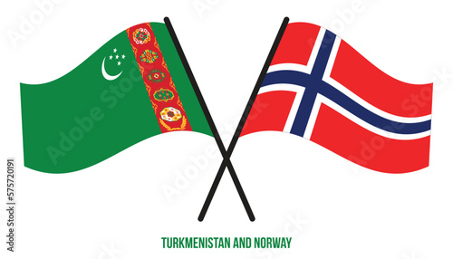 Turkmenistan and Norway Flags Crossed And Waving Flat Style. Official Proportion. Correct Colors.