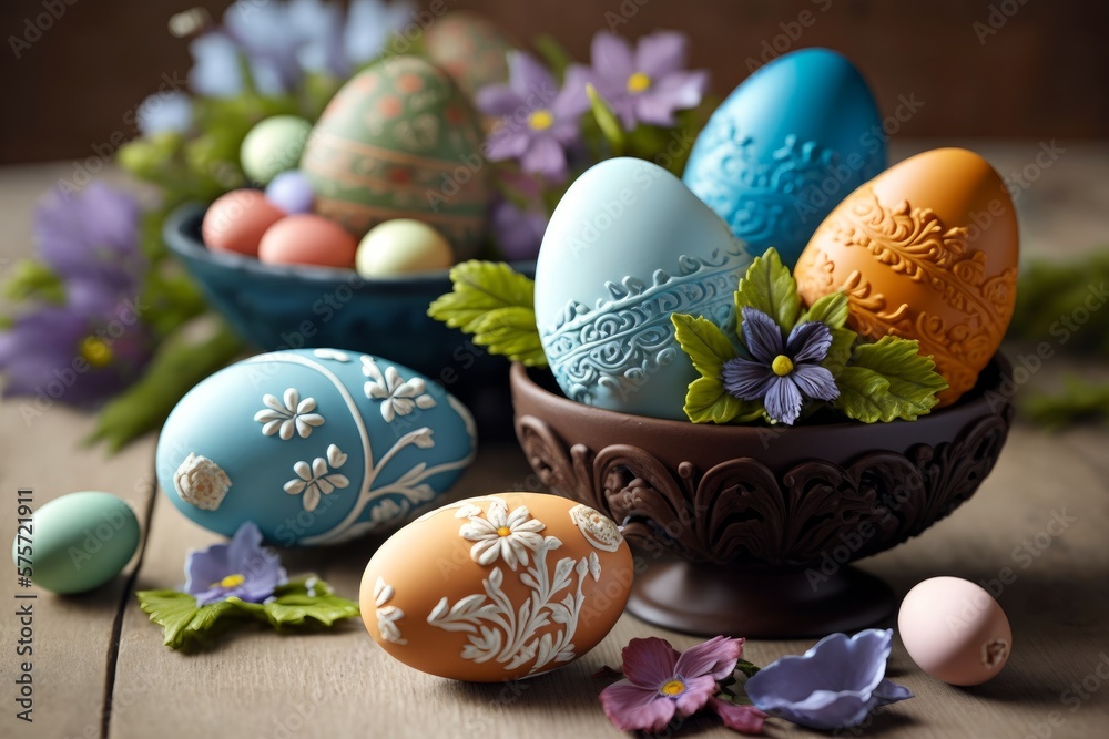 Fototapeta premium Easter Eggs on table with beautiful flowers
