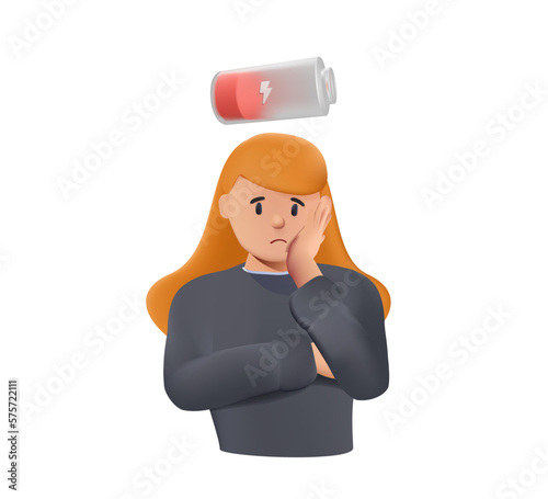 Tired student with Low power symbol. 3D cartoon modern style vector design illustrations. Young woman who suffers sad