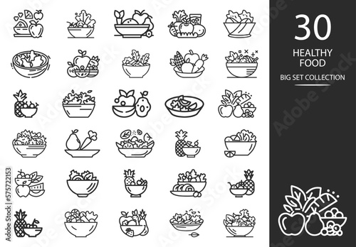 Vector set of icons on the theme of healthy food. Thin Line Icon Set of vegan food. Outline icons collection.